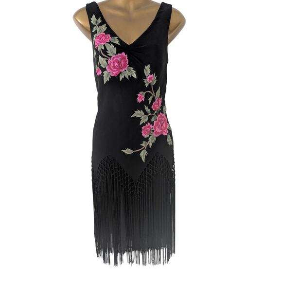 Sue Wong Sz 10 Vintage Y2K Black Silk Embroidered Fringed Dress EUC - Picture 2 of 9